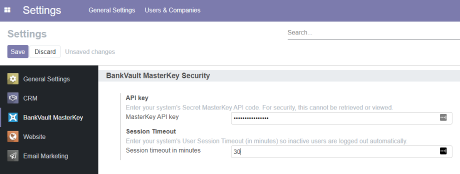 A screenshot of the MasterKey App installed on an Odoo database. It shows the configurations of the App